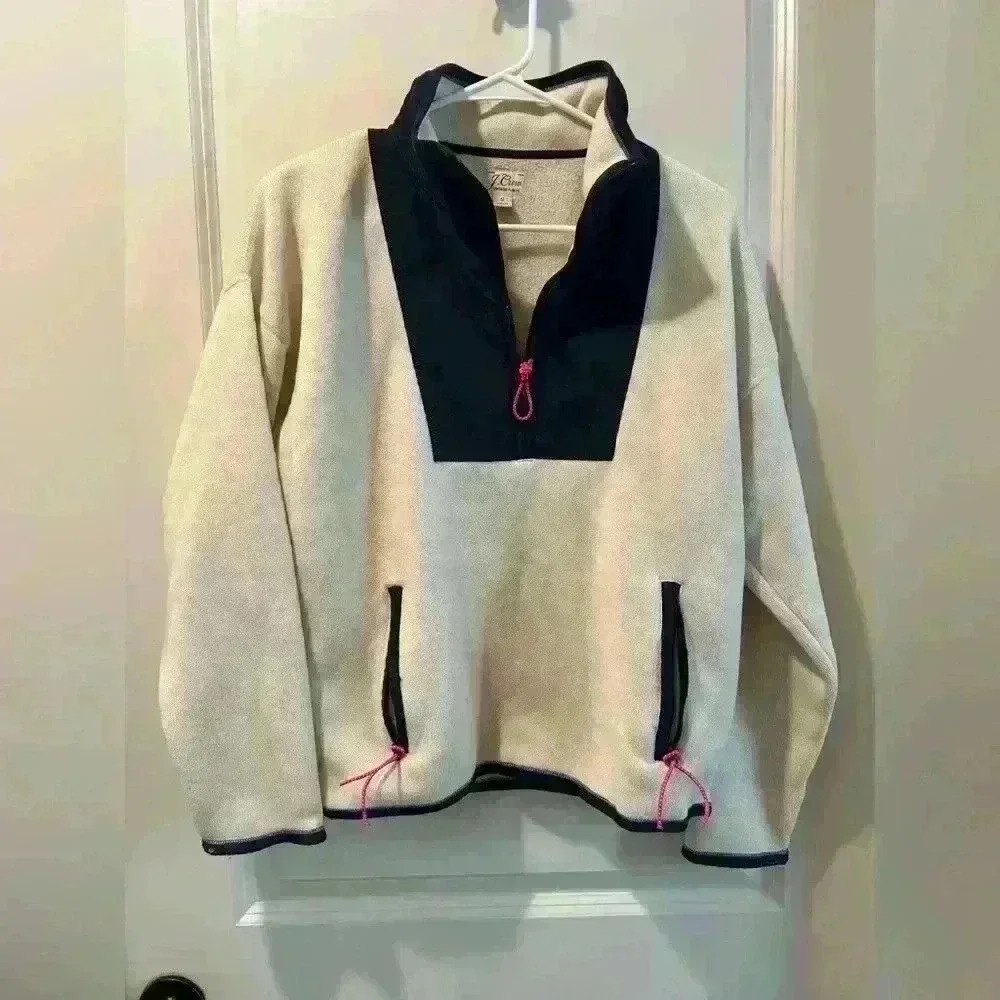 J Crew Ivory and navy blue quarter zip pullover with a pop of pink  size small